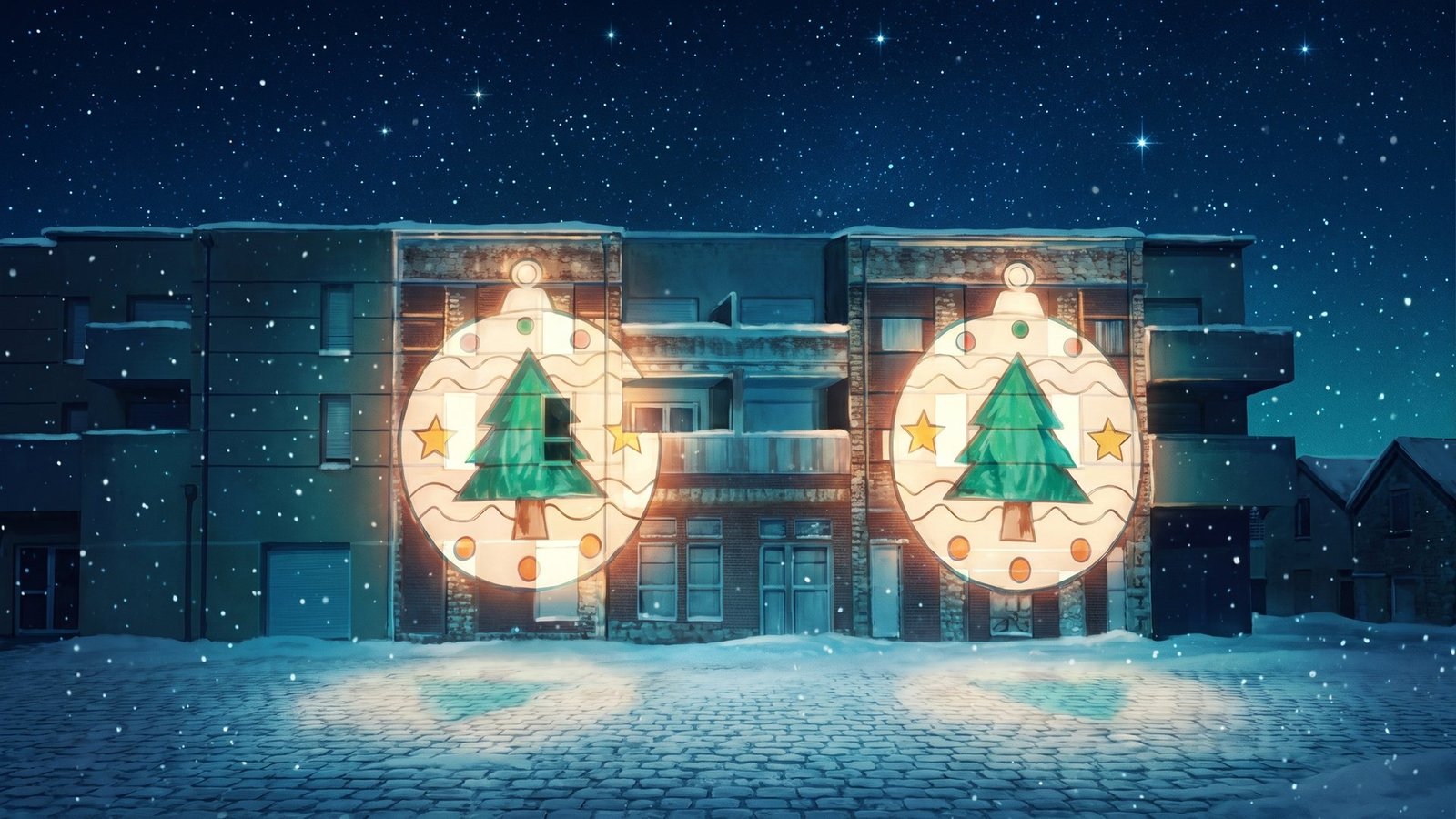 Façade de commune habillée de lumière pour Noël en vidéo mapping